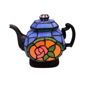 Vintage Tiffany Style Floral Stained Glass Tea Pot Table Lamp By Cheyenne Decor